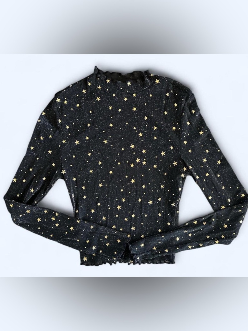 Black Star Print Sparkle Long Sleeve Top Fairy Sheer Mock Neck Celestial Size XS